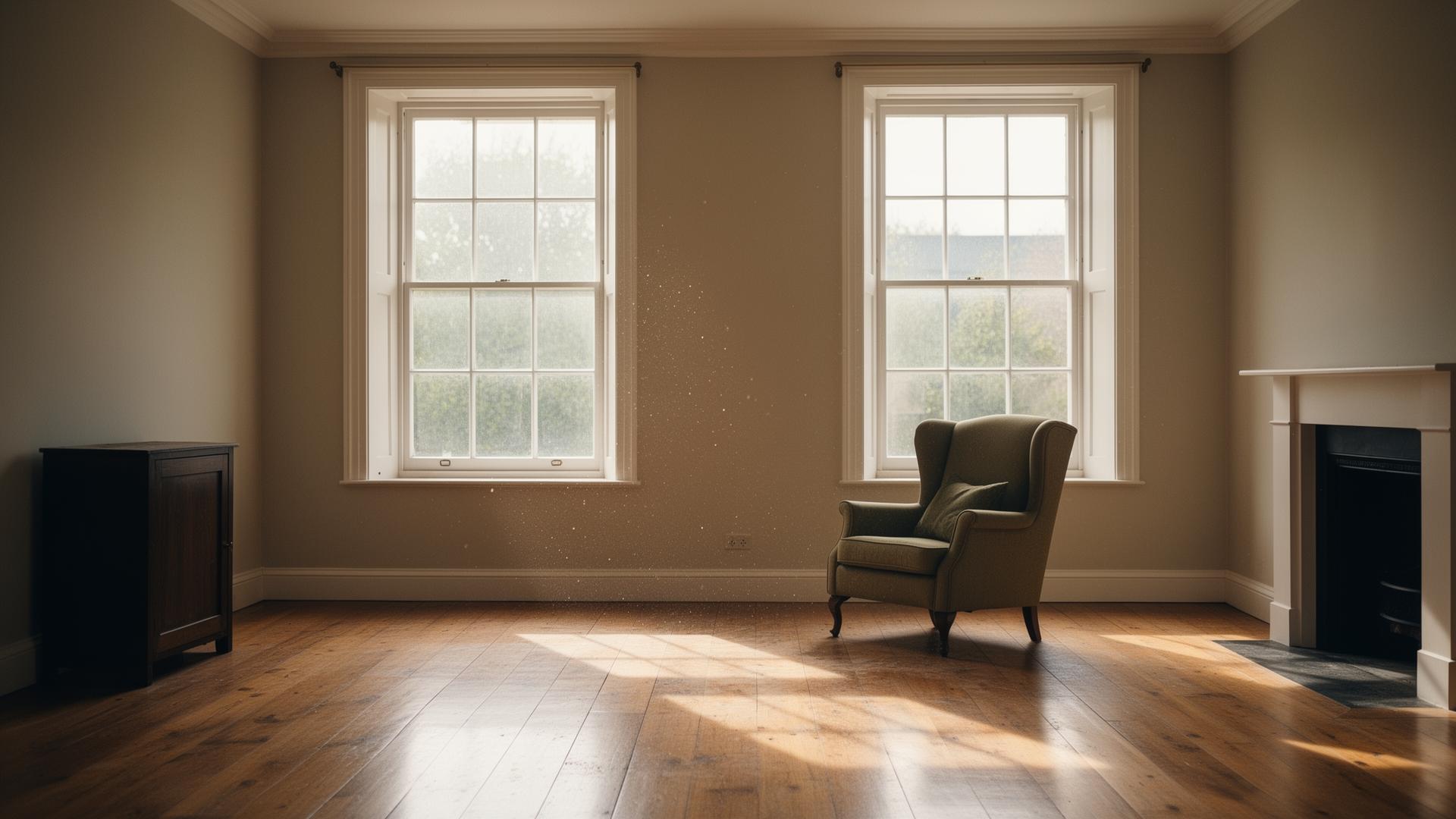 A sunlit, respectfully cleared traditional living room